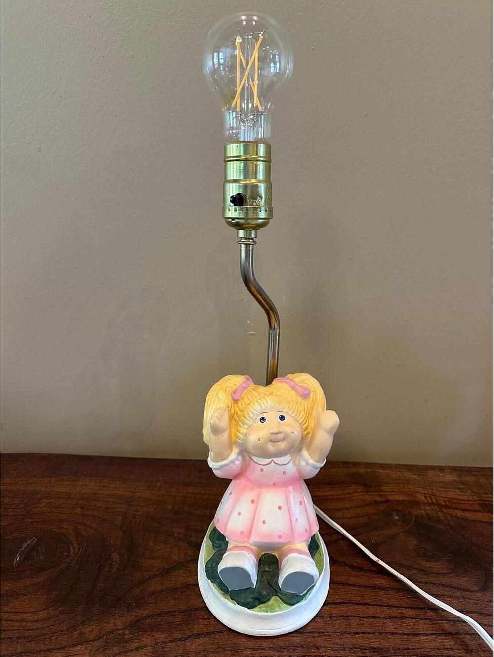 Vintage 1983 Cabbage Patch Kids Ceramic Lamp with Girl in Pink Dress